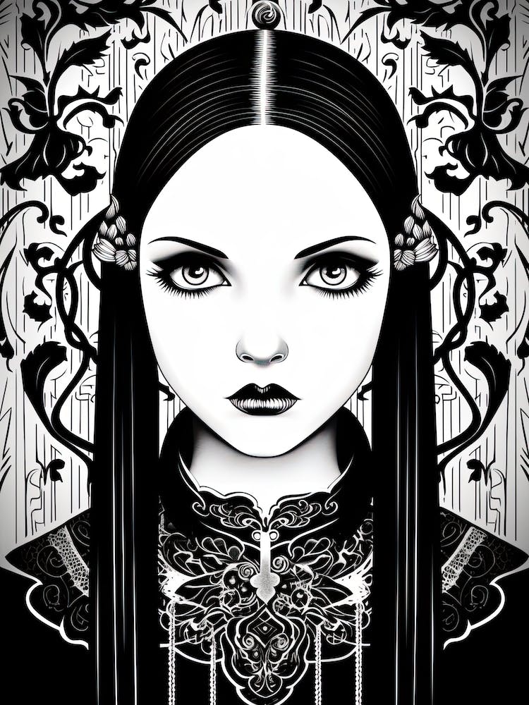 Portrait Of Wednesday Addams Line Art Dark 0 Fan Art
