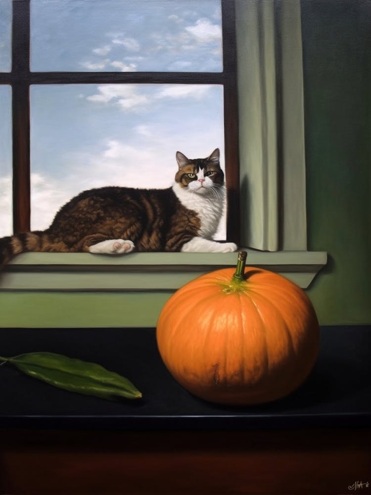 Painting Of A Still Life Of A Amaryllis With A Cat, Realism 1