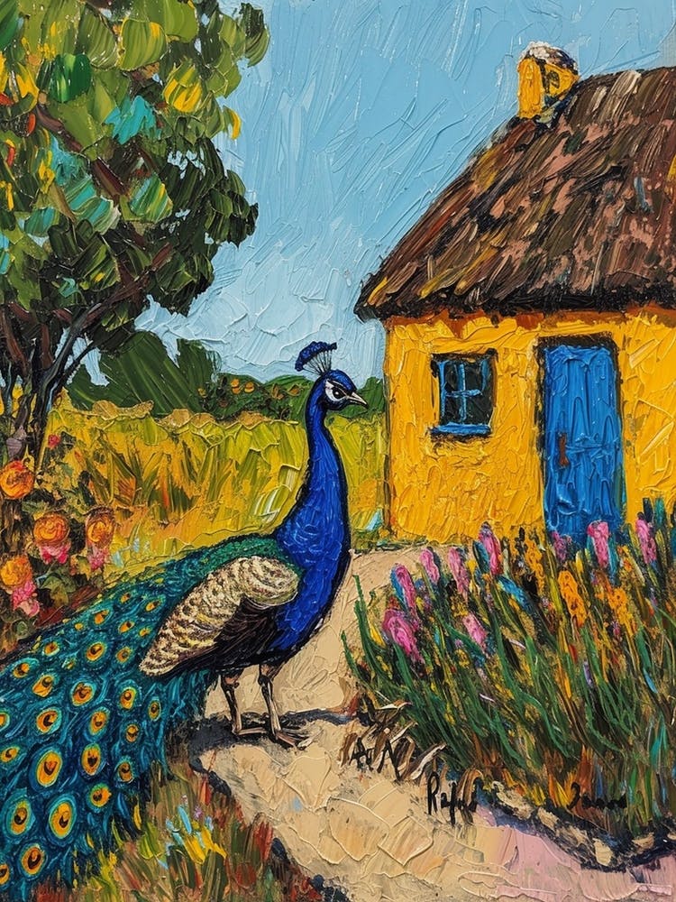 Peacock By A Thatched Cottage Textured Painting 4