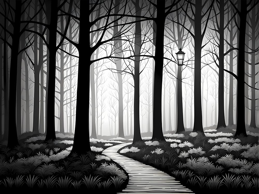 Path In The Woods, black and white art, forest landscape