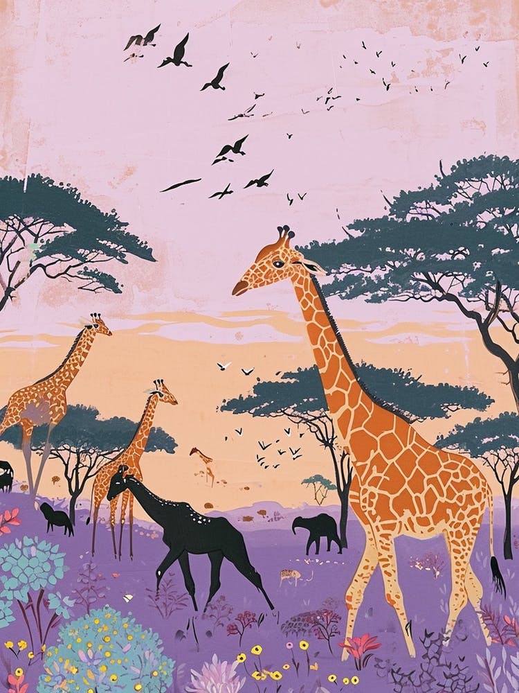 Giraffe In The Wild With Other Animals Watercolour Style 3