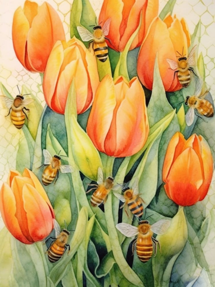 Ruche Avec Tulipes Illustration Aquarelle 4