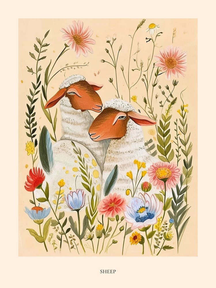 Folksy Floral Animal Drawing Sheep Poster
