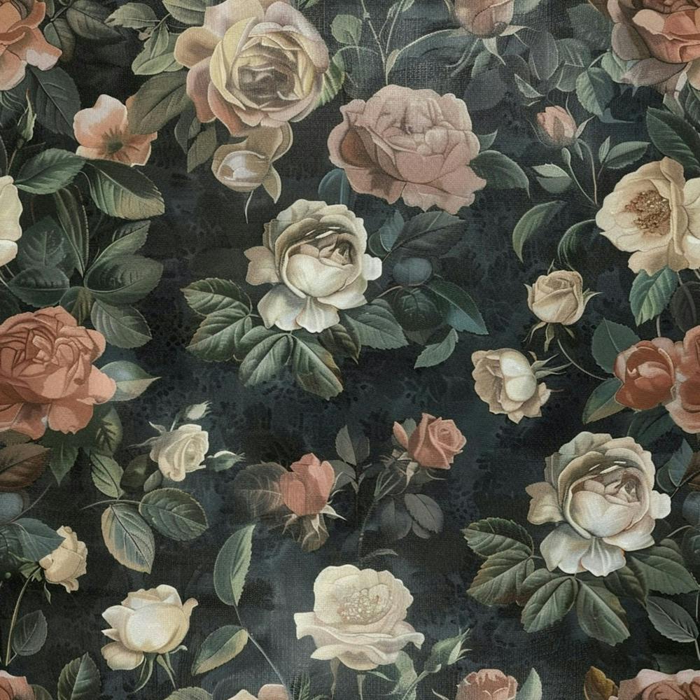 Vintage Dark Floral Wallpaper, Roses And Leaves, Moody Vintage Aesthetic, Painted On Canvas, Muted Colors,