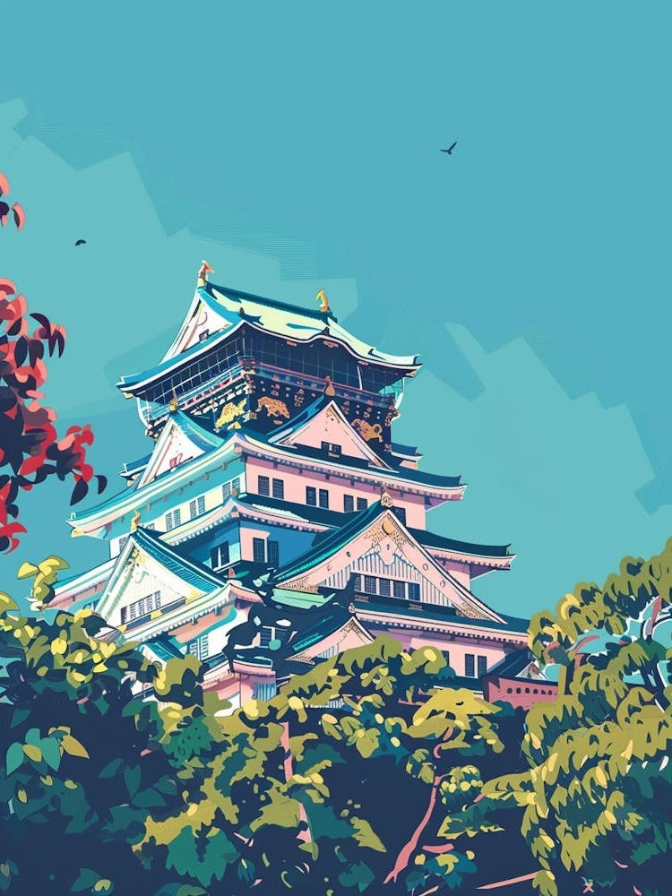 Osaka Castle 2 Colourful Illustration
