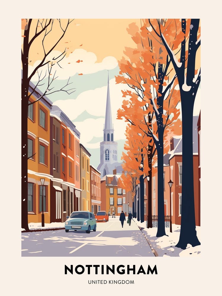 Vintage Winter Travel Poster Nottingham United Kingdom 3