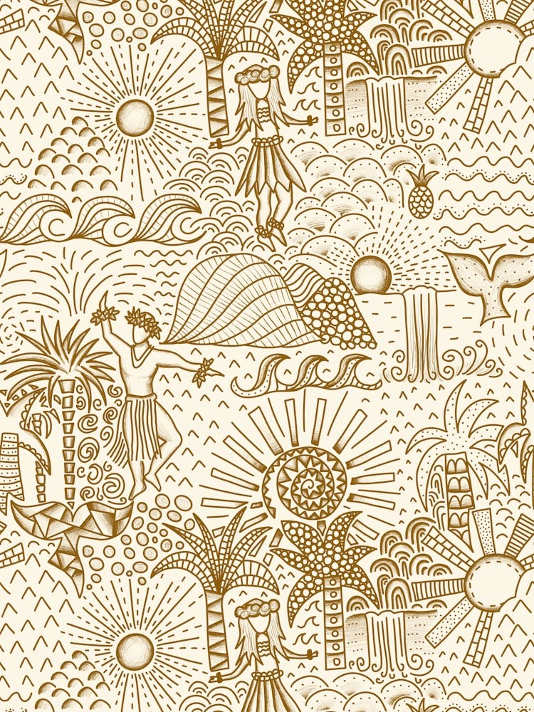 Hawaiian Toile Polynesian Hula Dance Tropical Landscape Golden Yellow Cream White