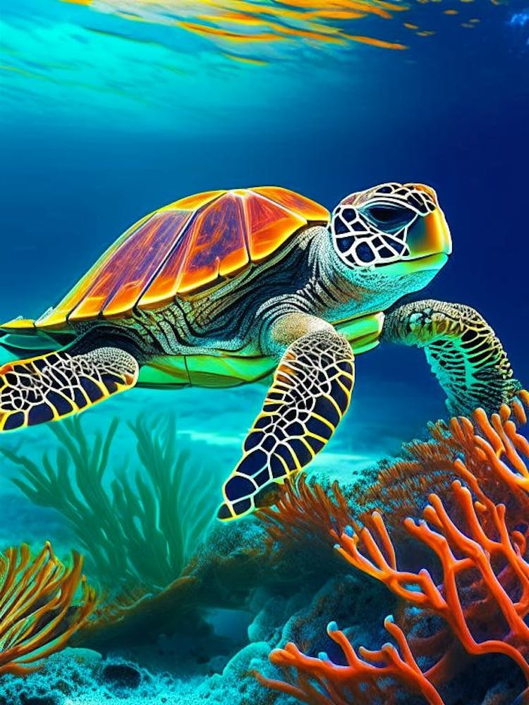 A Single Sea Turtle In Coral Reef, Sea Turtle Abstract 1