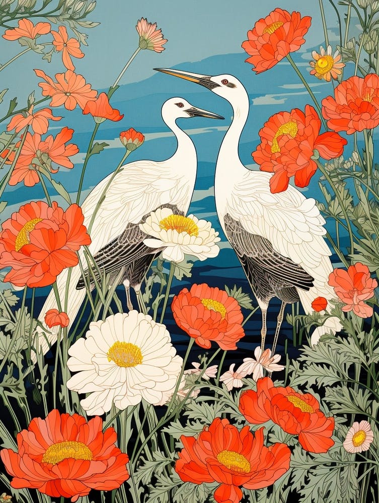 Cranes In Daisies Vintage Japanese Botanical