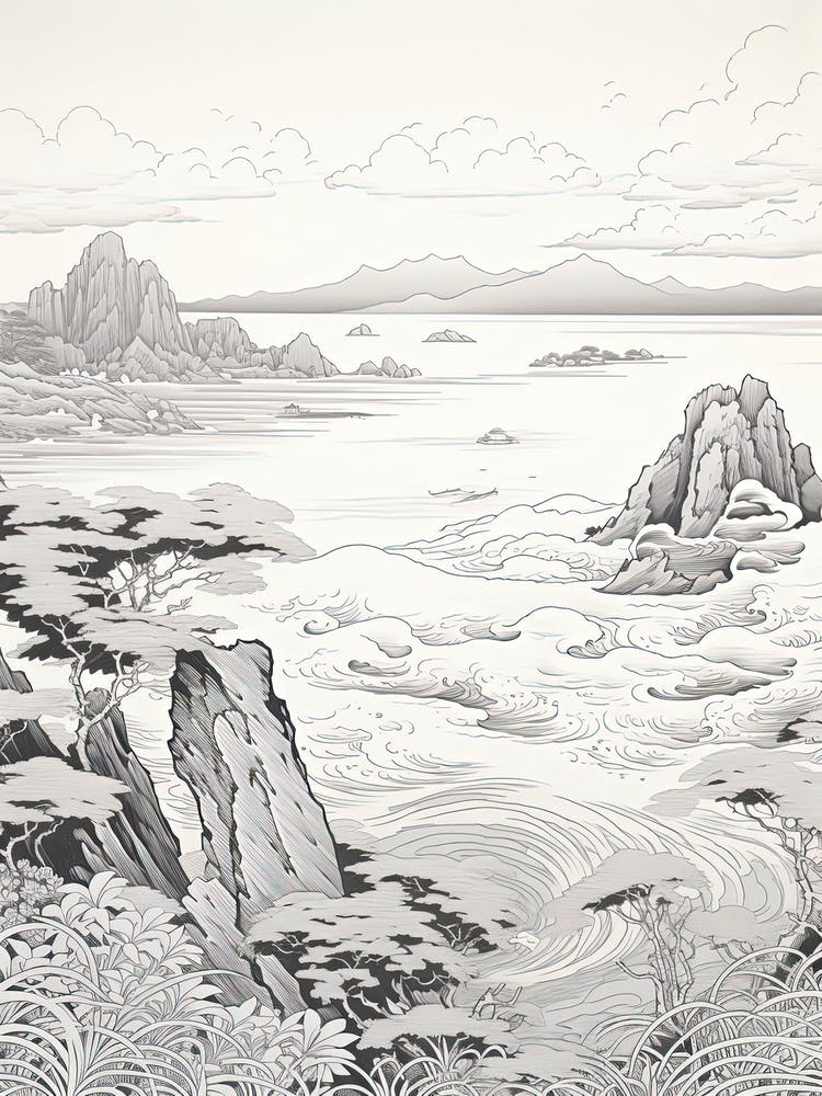 Sado Island In Niigata,, Ukiyo E Black And White Line Art Drawing 3