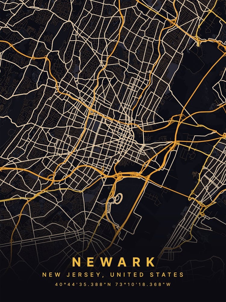 Newark New Jersey Black And Gold Map