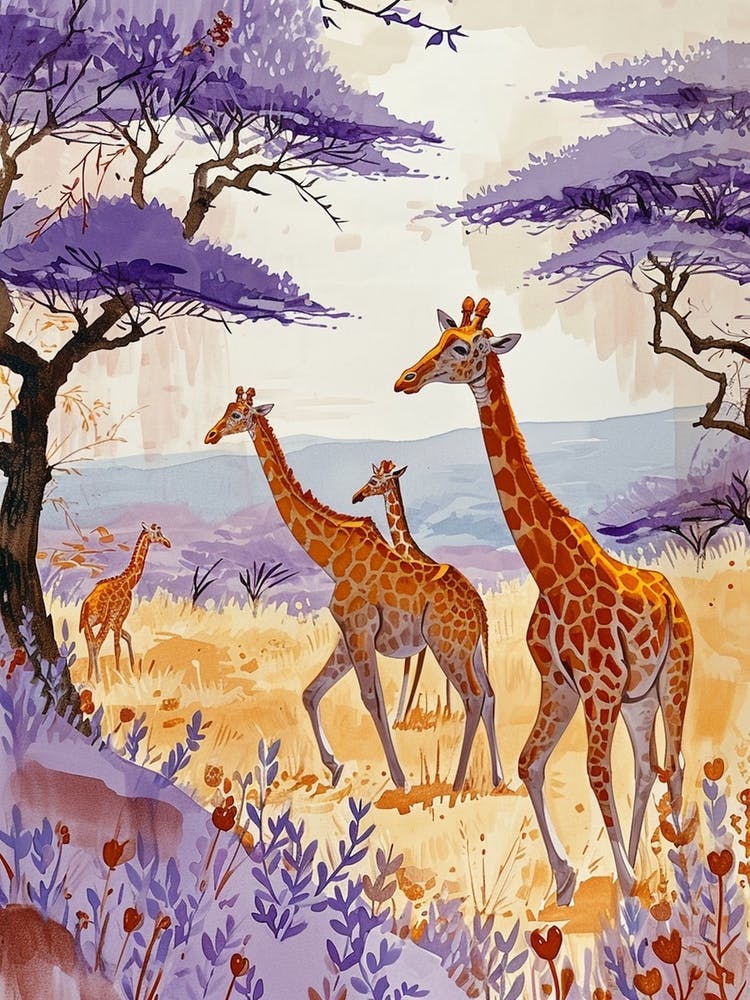 Lilac Giraffe Watercolour Style Illustration 1