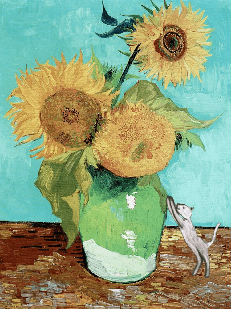 Van Gogh Lost Sunflowers Art with White Cat - Funny Famous Antique Cats Art for Humorous Wall Feature Decor in HD