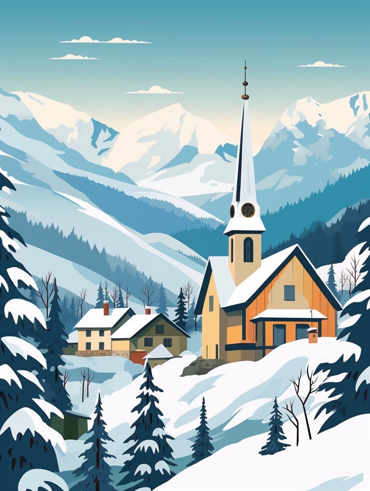 Retro Winter Illustration Hallstatt Austria 2