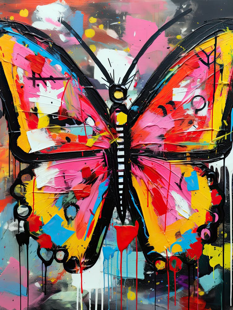 Pink Butterfly in Basquiat's Style
