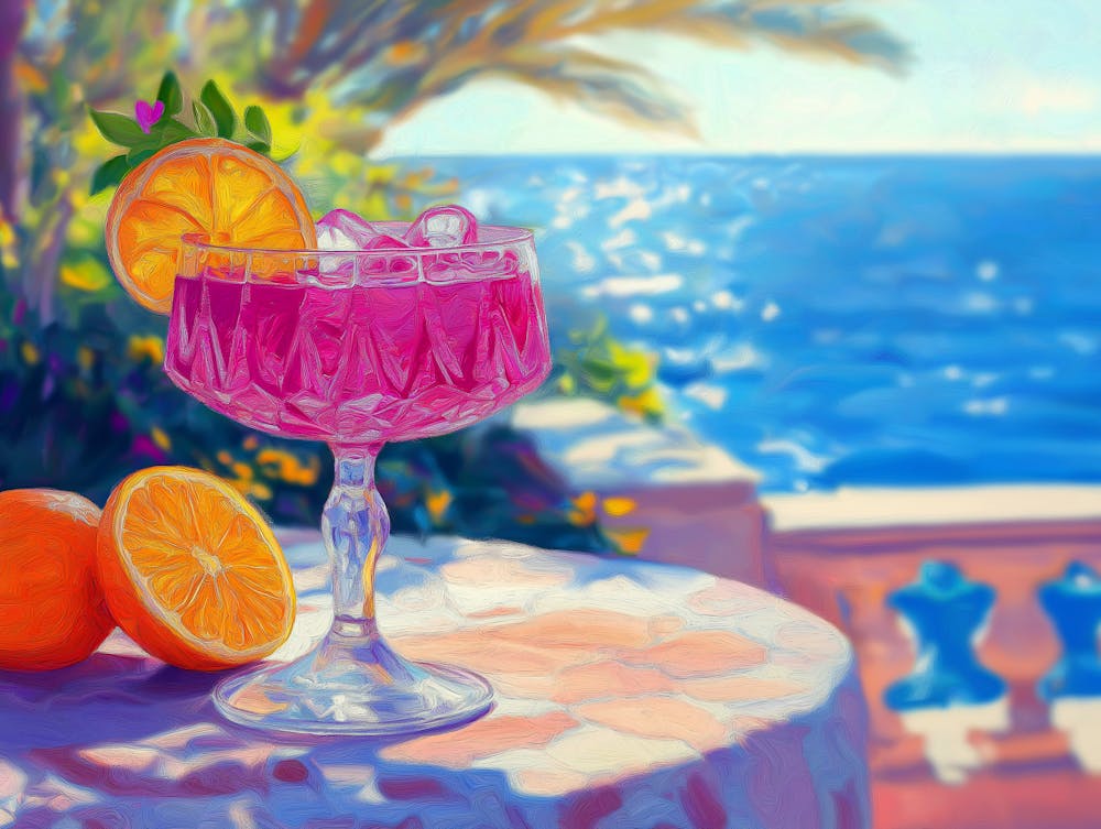 Pink Cocktail In An Elegant Glass, Garnished With Orange Slices