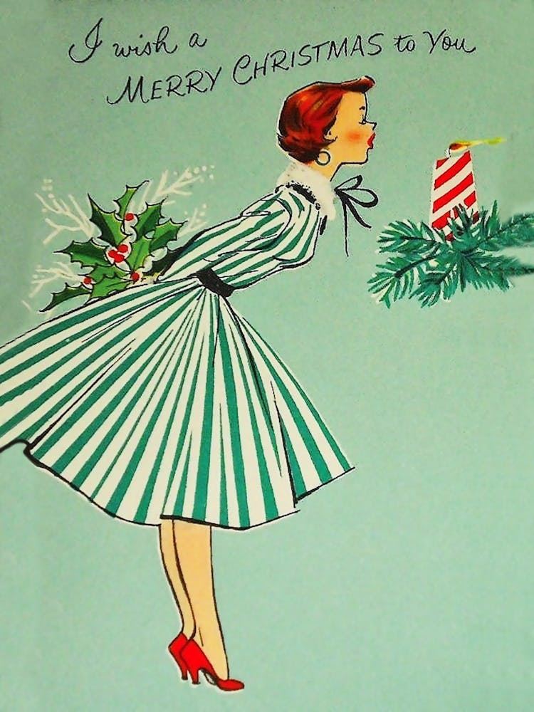 Vintage Christmas Poster, Young Woman Is Making A Wish