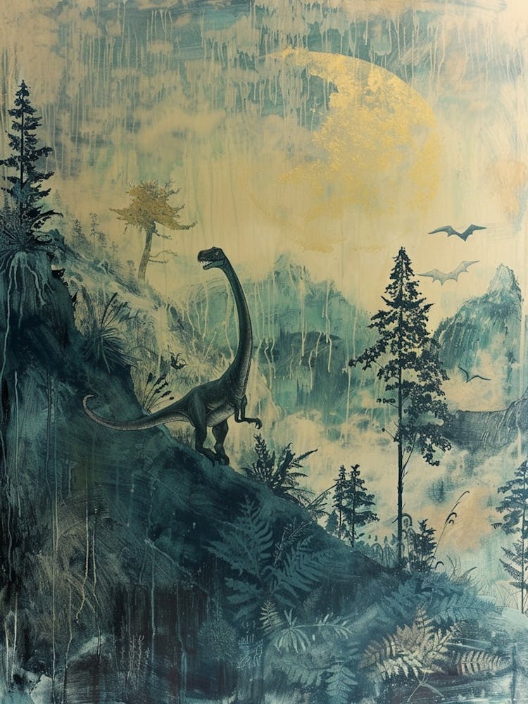 Dinosaure sous la pluie sur la colline Peinture