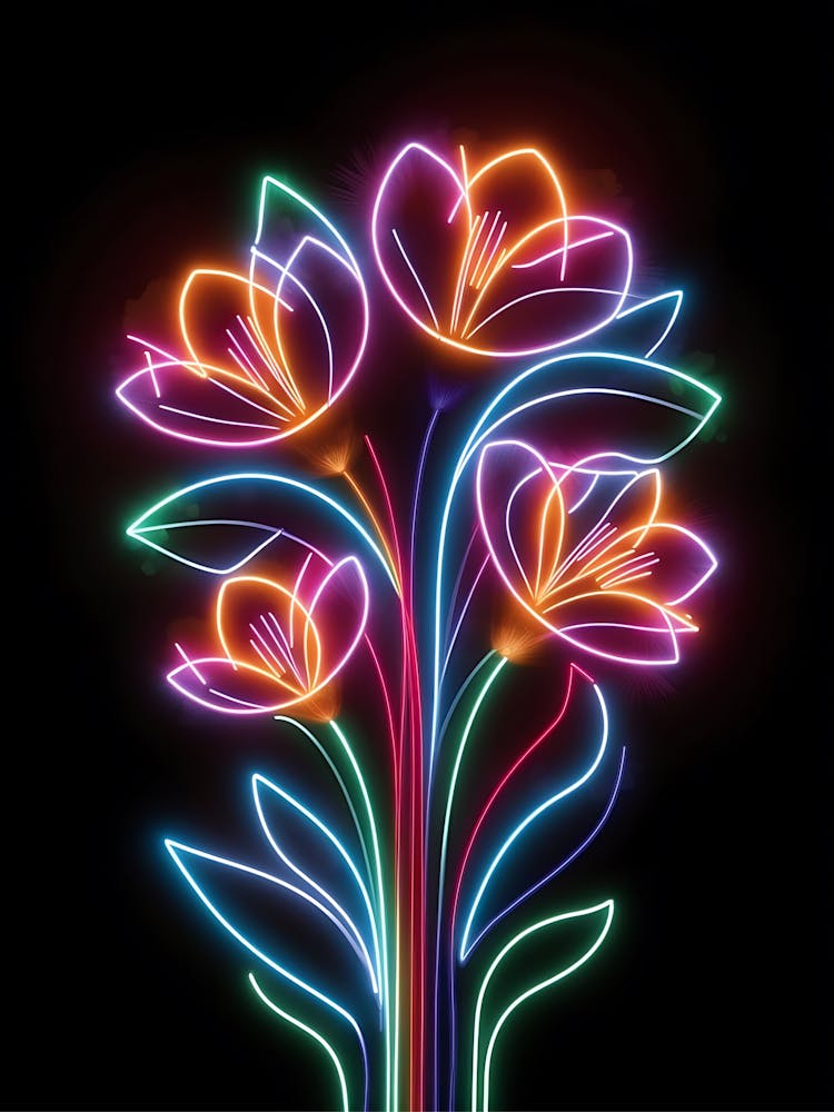 Neon Flowers On Black Background