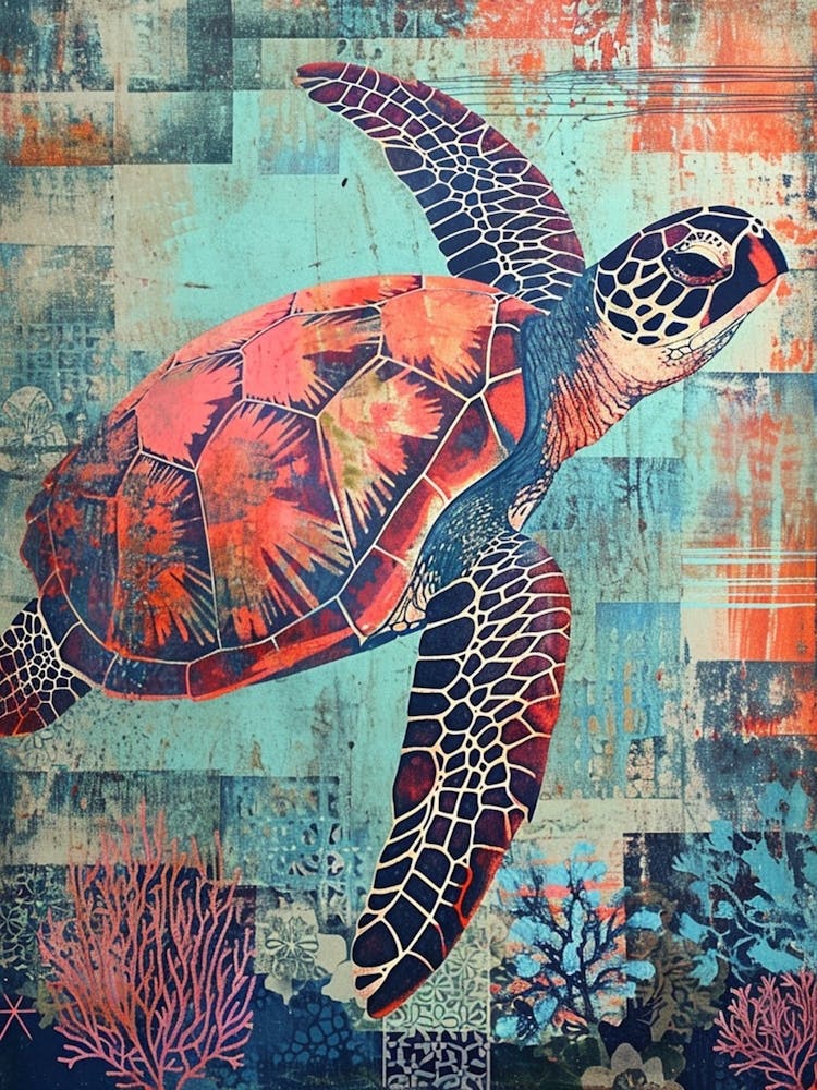 Collage Scrapbook Blue & Coral Sea Turtle