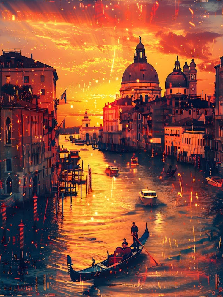 Sunset In Venice, Cityscape Collage Retro