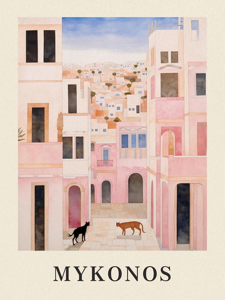Mykonos Greece 1 Vintage Pink Travel Illustration Poster