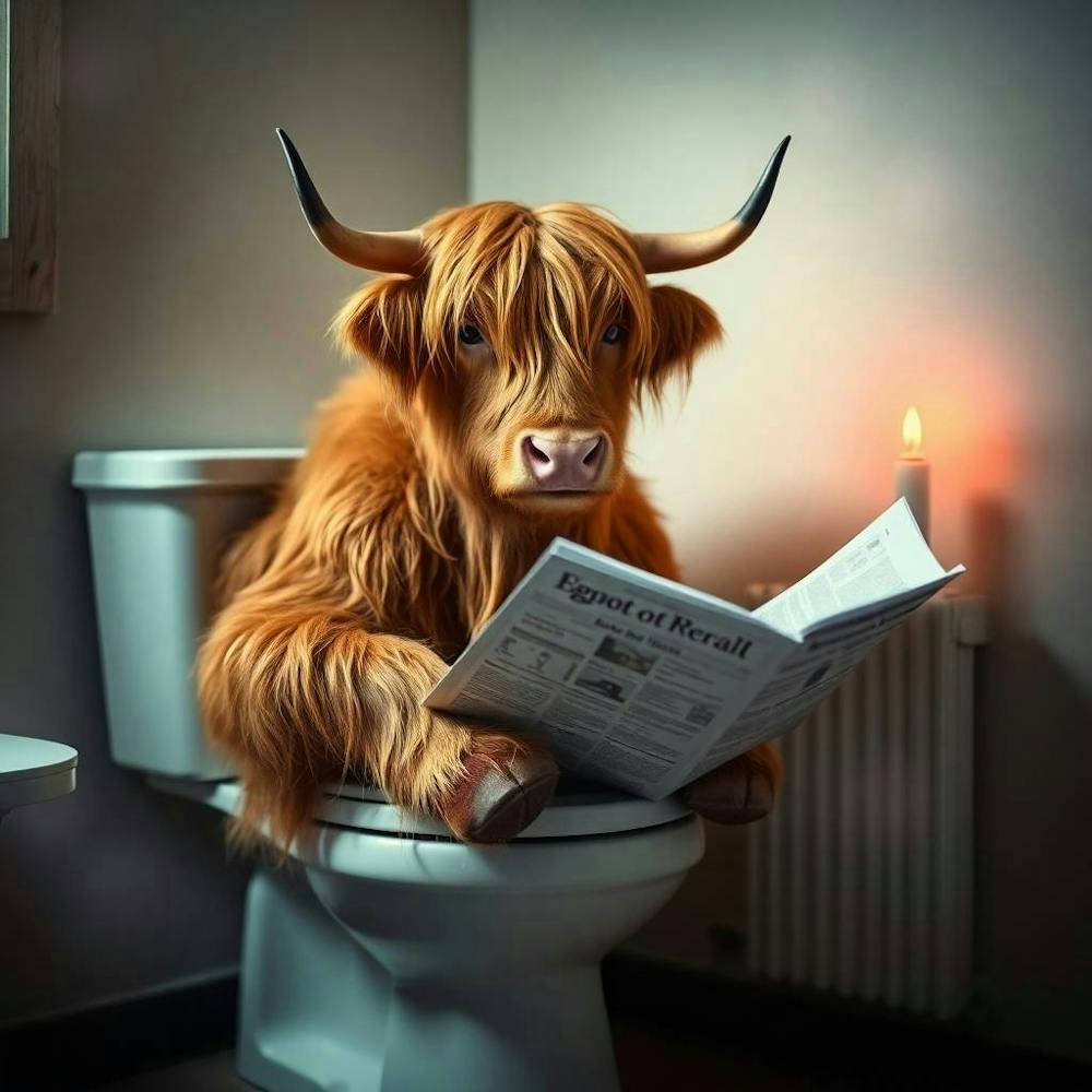 A Highland Cow With Long, Light Brown Fur, Sits On A Toilet, Engrossed In A Newspaper