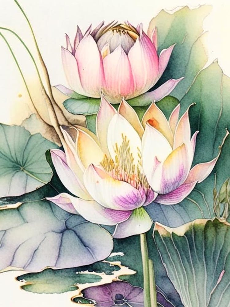 Fleurs de Lotus Dans le Parc Aquarelle Encre Crayon 4