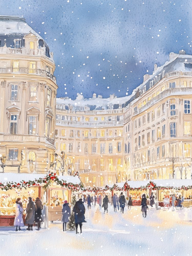 Christmas Market In Vein. Watercolor City Landscape