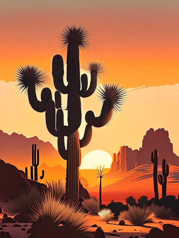 Joshua Trees Im Morgengrauen In Wüsten-Retro-Illustration (1)