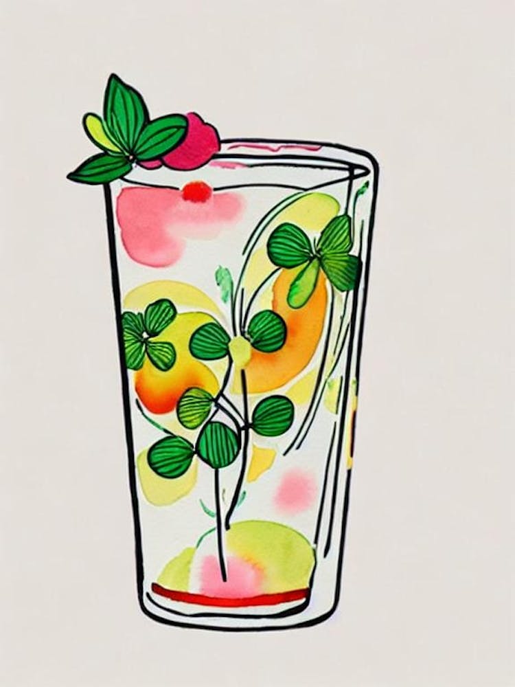 Clover Club 2 Minimal Line Drawing With Watercolour Cocktail Poster