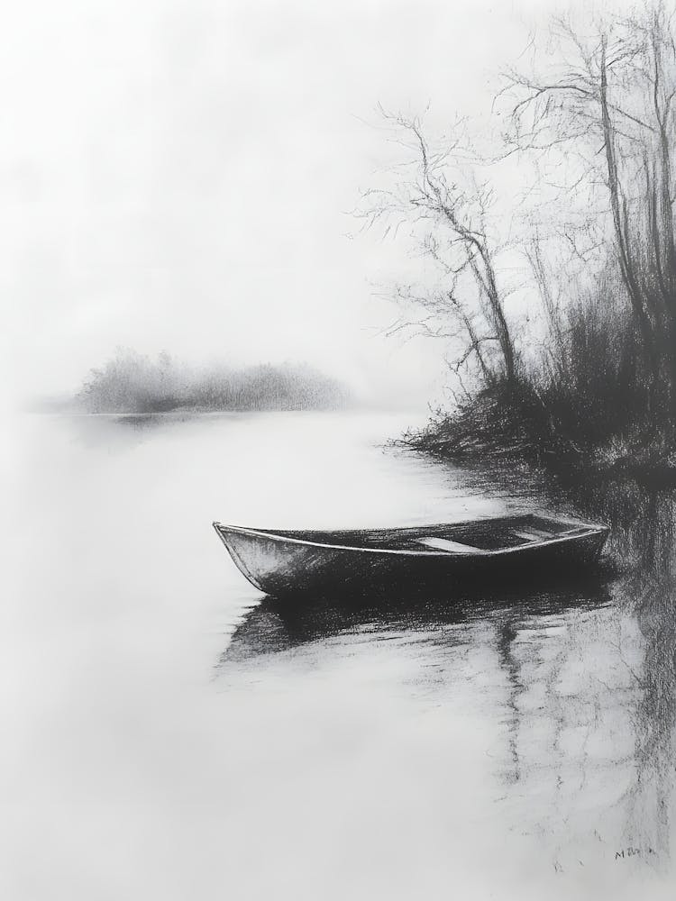 Charcoal Pencil Drawing Boat On The Water