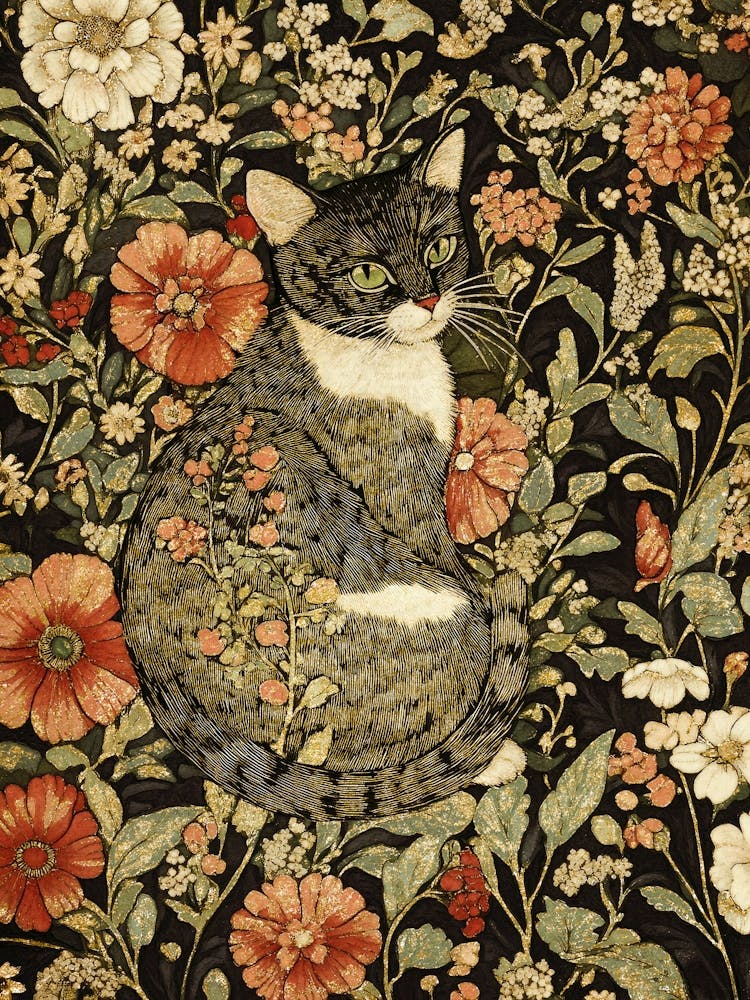 Whimsical Floral Black Cat Vintage Botanical Garden, Folk-Inspired Nature Wall Decor for Cottagecore, Boho, Eclectic Bedrooms, Living Rooms, Botanical Flower Garden Animal Print Nature Lover