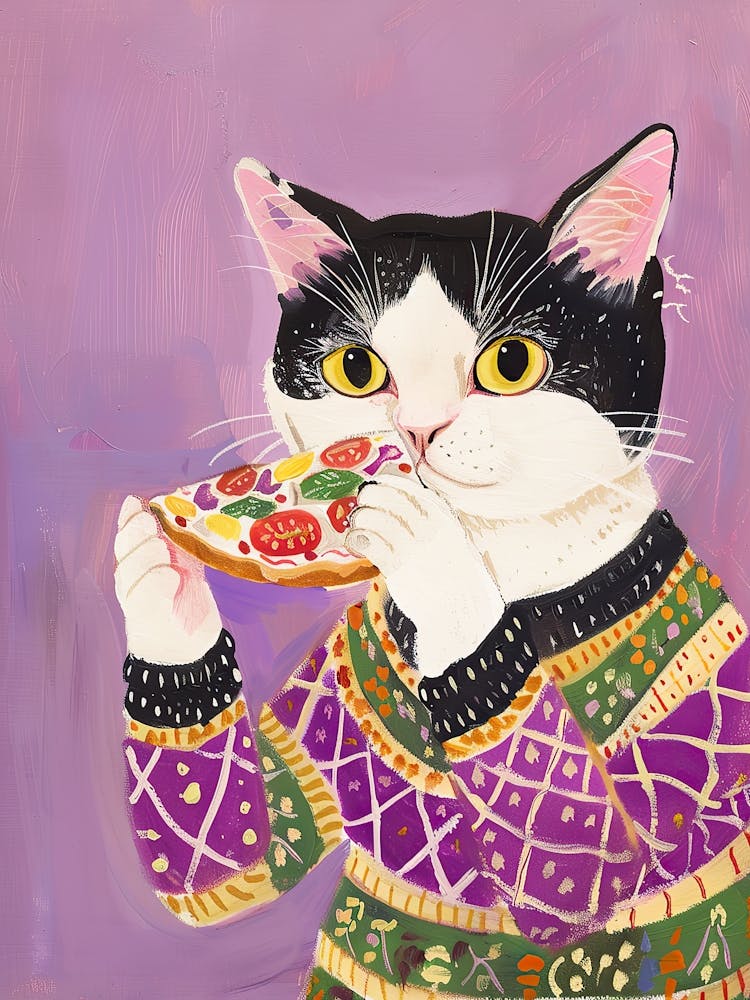 Happy Black And White Cat Eating Pizza Folk Illustration 3