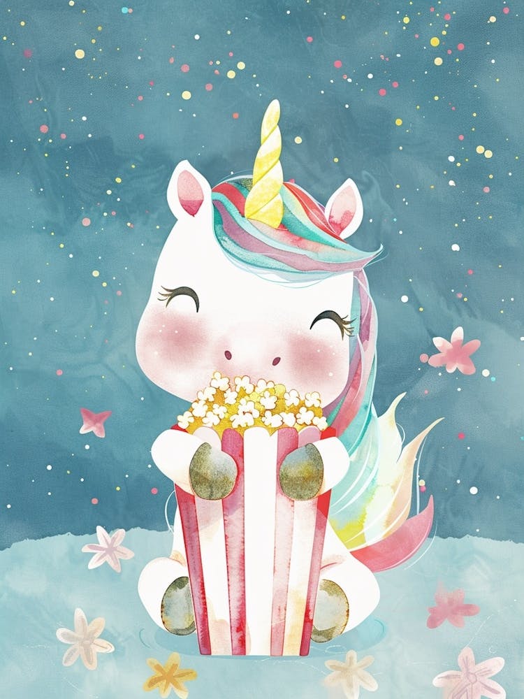 Cute Pastel Unicorn Eating Popcorn Blue Background 2