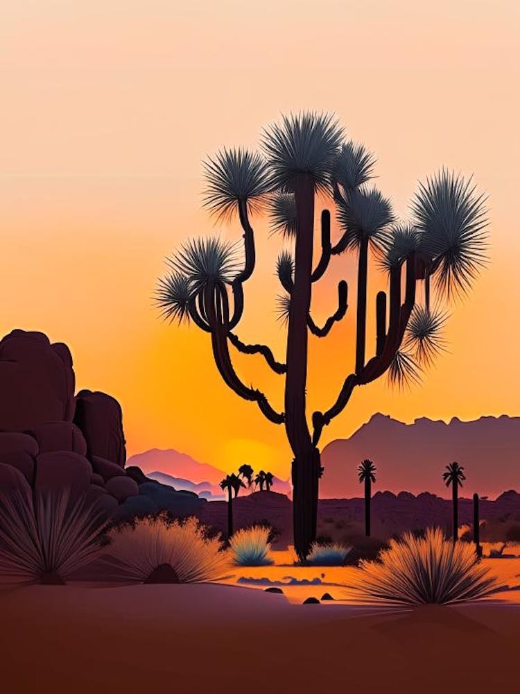 Joshua Tree À l'Aube Dans le Désert Dessin au Trait Botanique Vintage (9)