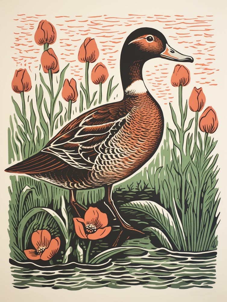 Vintage Bird Linocut Duck 1