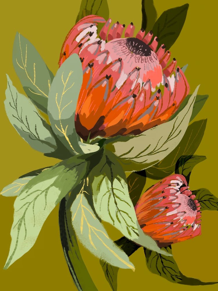 Protea Painting On Green