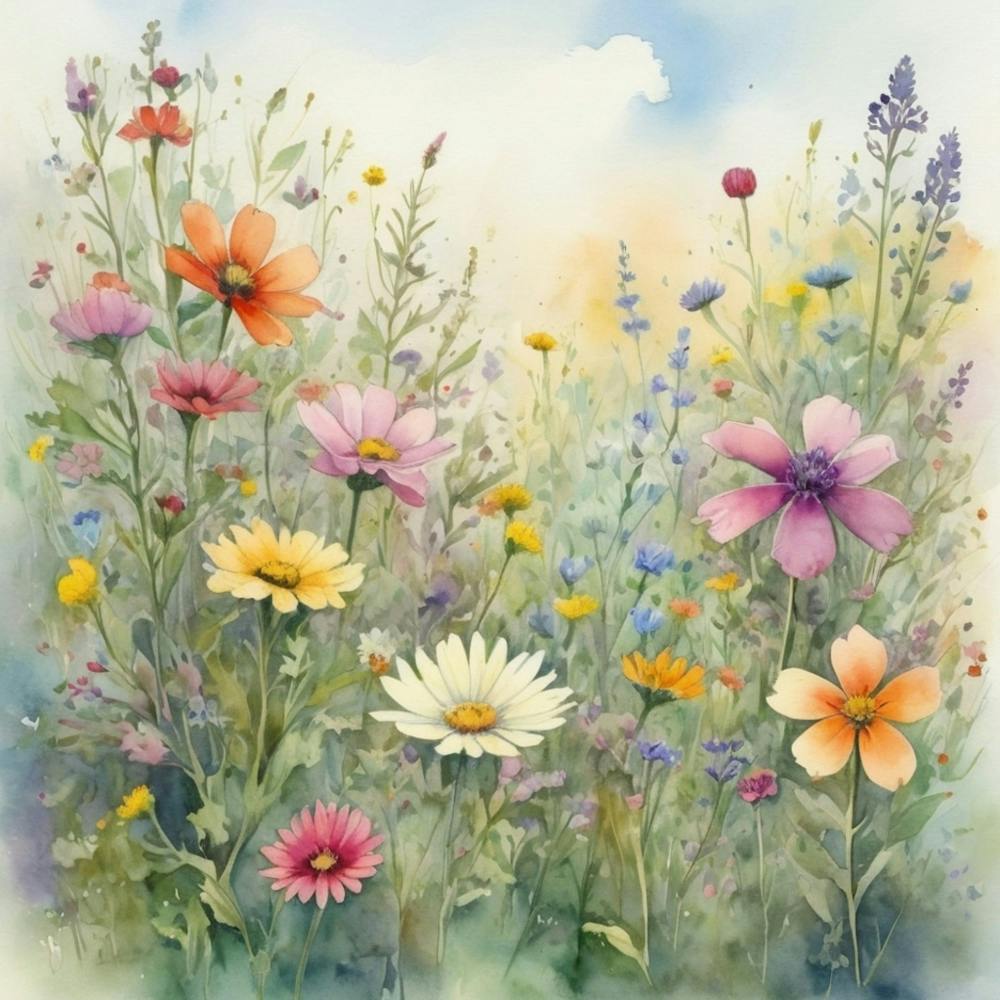 Multicolored Wildflowers Watercolor Field Drawin 0 (2)