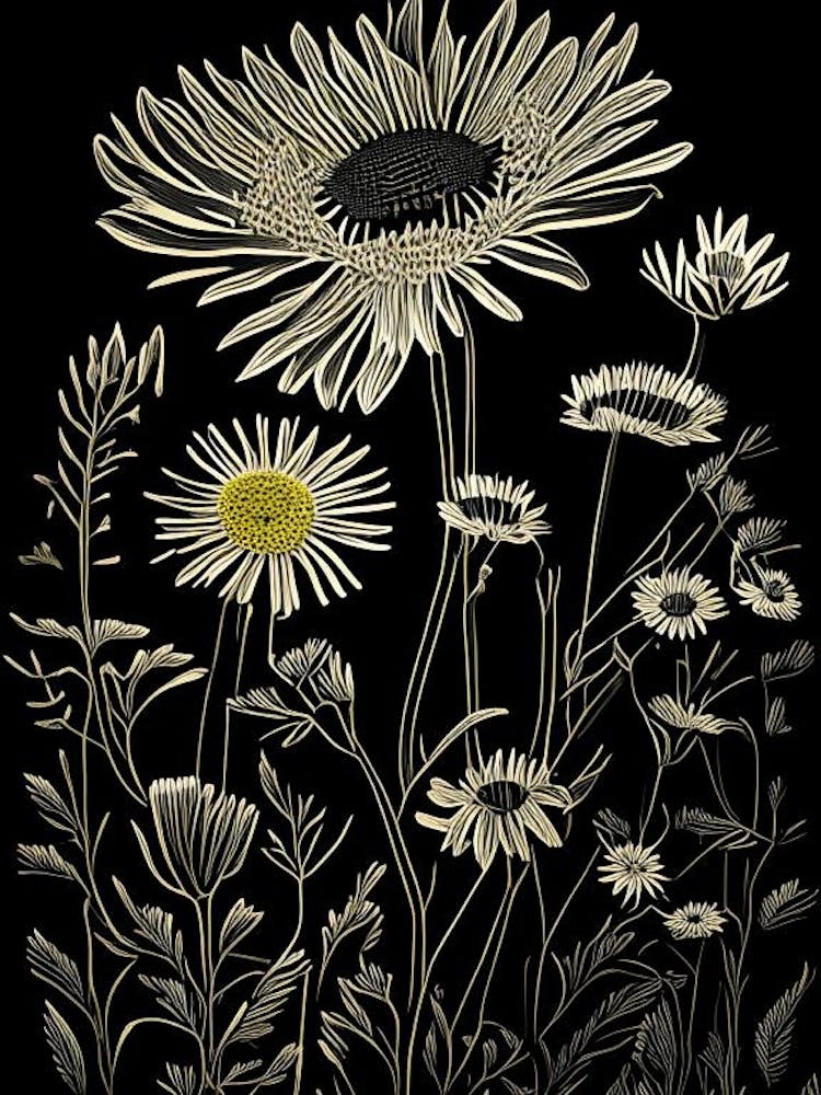 Golden Aster Wildflower Linocut