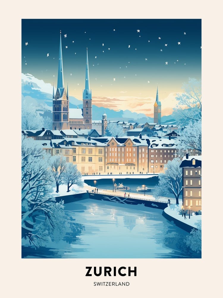 Winternacht Reiseplakat Zürich Schweiz 2