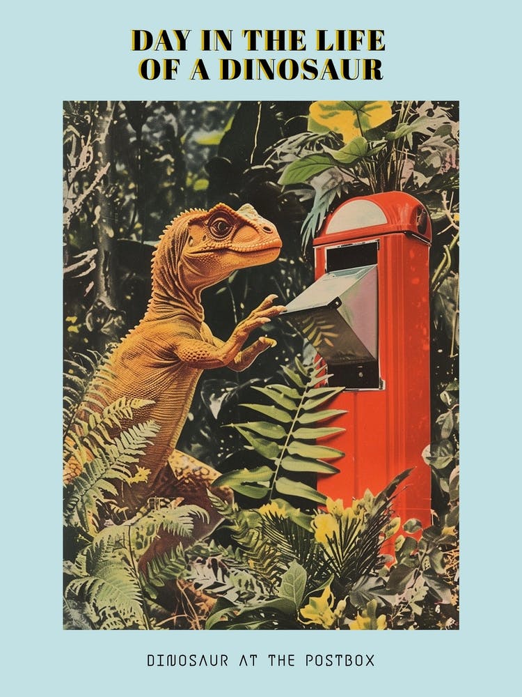 Dinosaur At The Postbox Retro Collage 2 Poster
