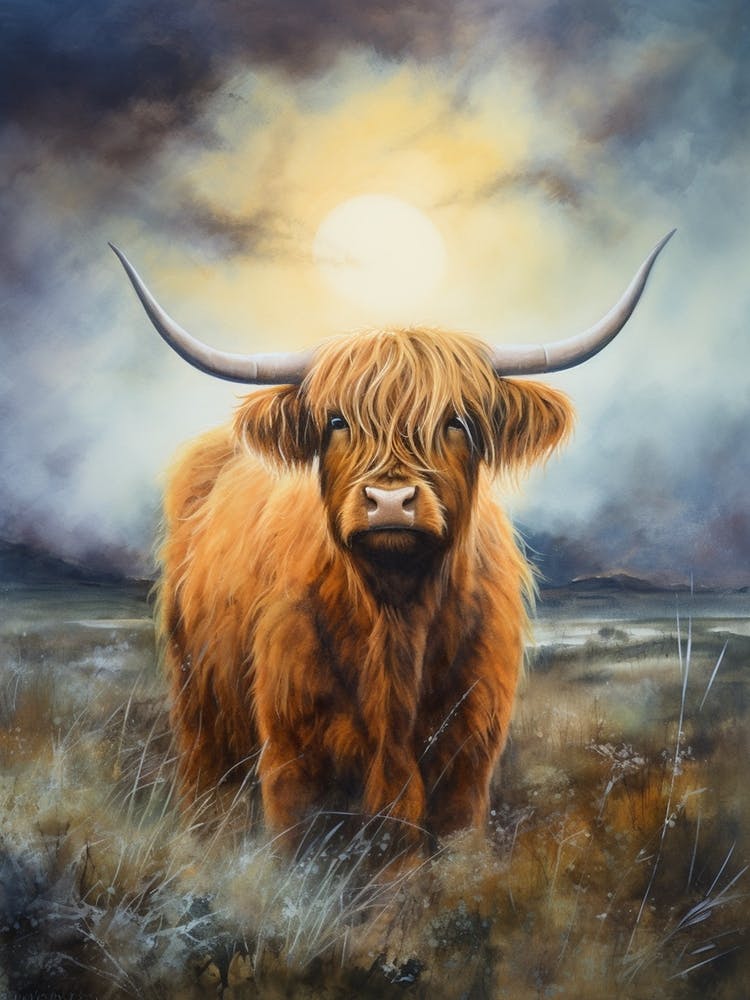 Watercolour Of Highland Cow In The Moonlight