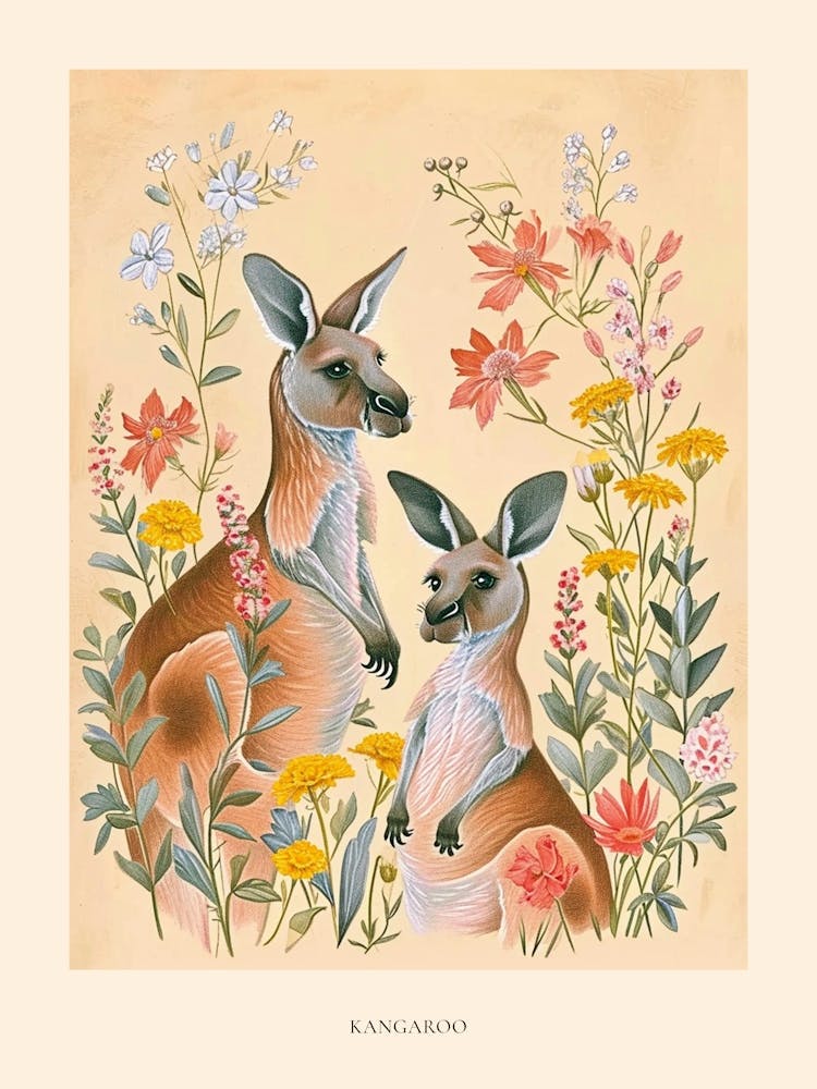 Folksy Floral Animal Drawing Kangaroo 4 Poster