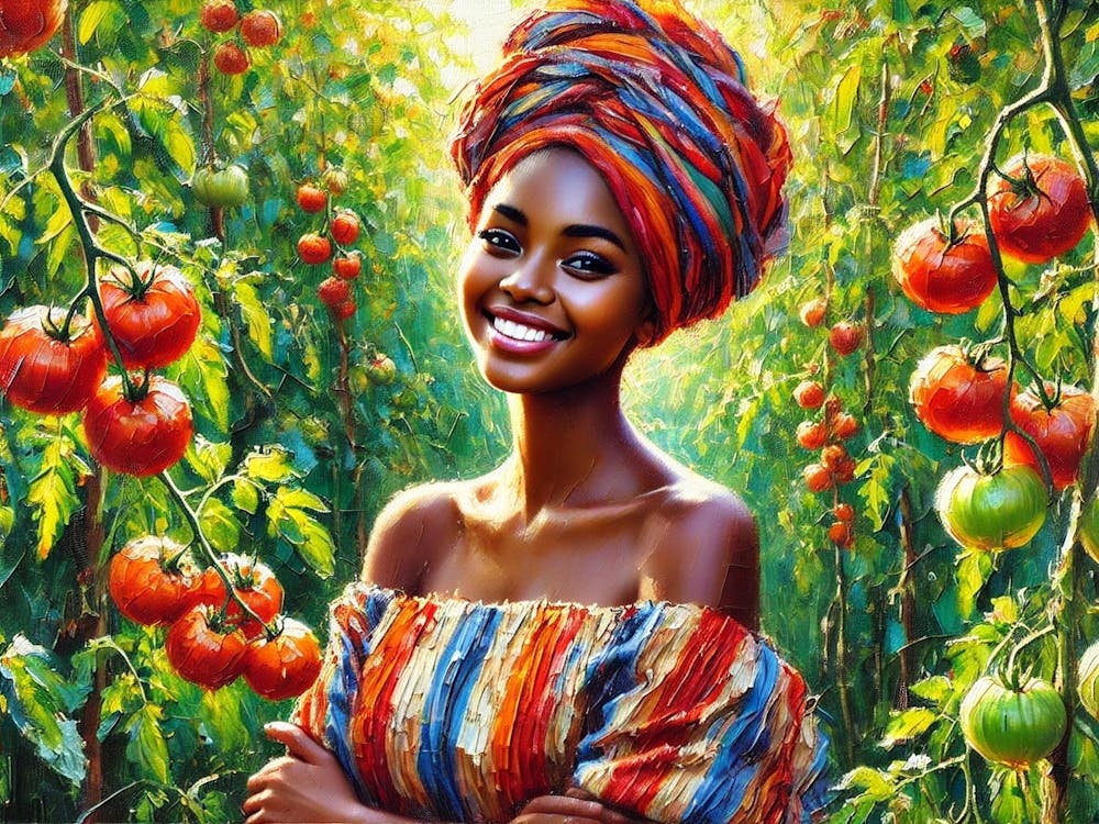 A Beautiful African Woman In A Lush Garden Filled With Ripe Tomatoes