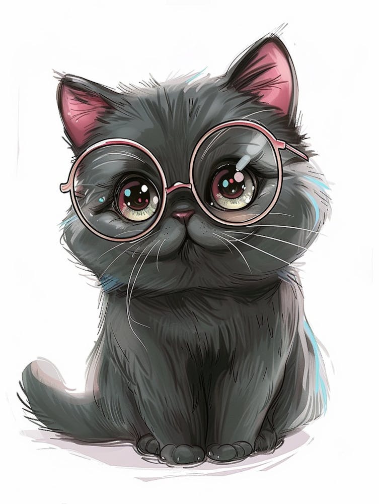 White Background, Tiffany Adorable Cartoon Pusheen Giclée, Kawaii, Glasses, In The Style Of Digital Painting And Drawing, Lettering Mastery, Claudia Tremblay, Sketchfab, Spanish School