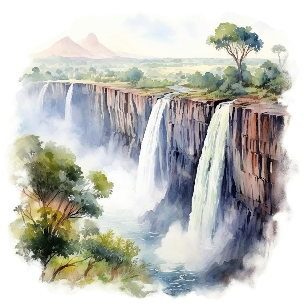 African Water Falls Landscape Watercolor Clip Art Image 1