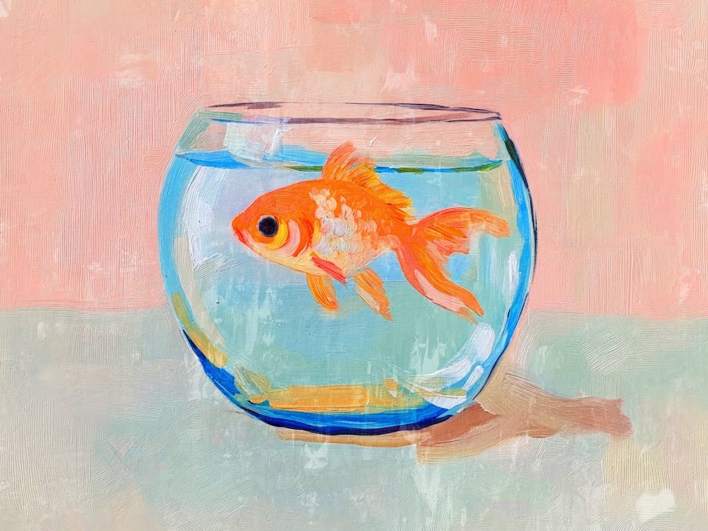 Goldfish in glass bowl painting in Soft pastel for coastal or beachy decor, Minimalist still life Pink and Blue cute wall art for bathrooms and kitchens, Whimsical artwork for kids rooms and nusery