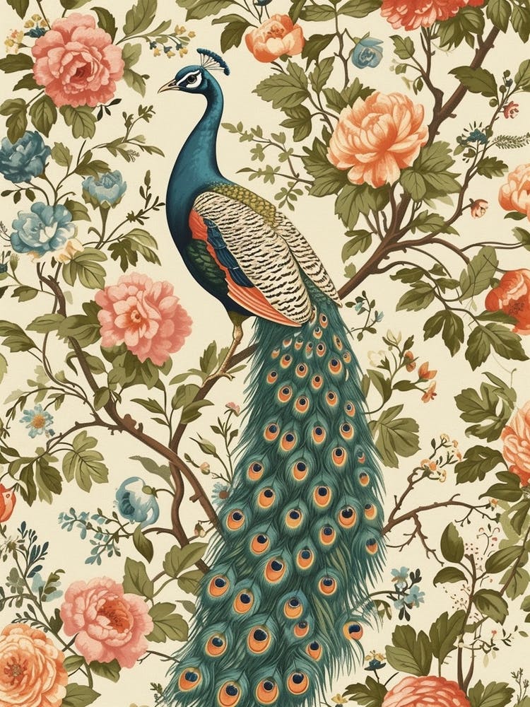 Vintage Pfau Blumen Creme Tapete