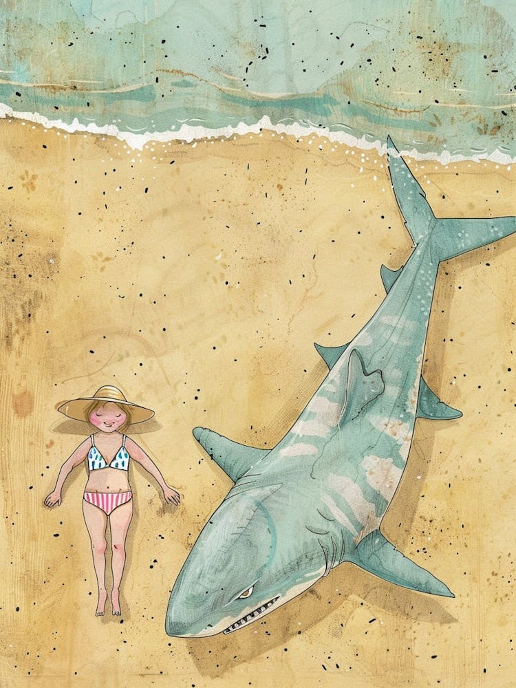 Shark Sunbathing On The Beach With A Human Illustration